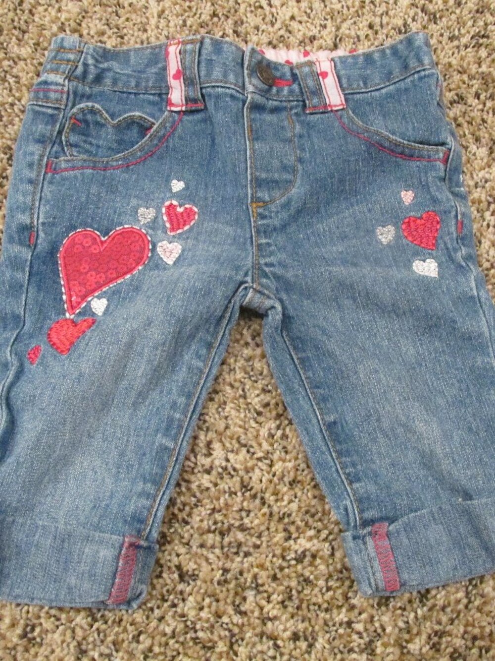Healthtex Pull On Capri Jeans Toddler Girls 18M Blue Denim Elastic Heart‎ Pants